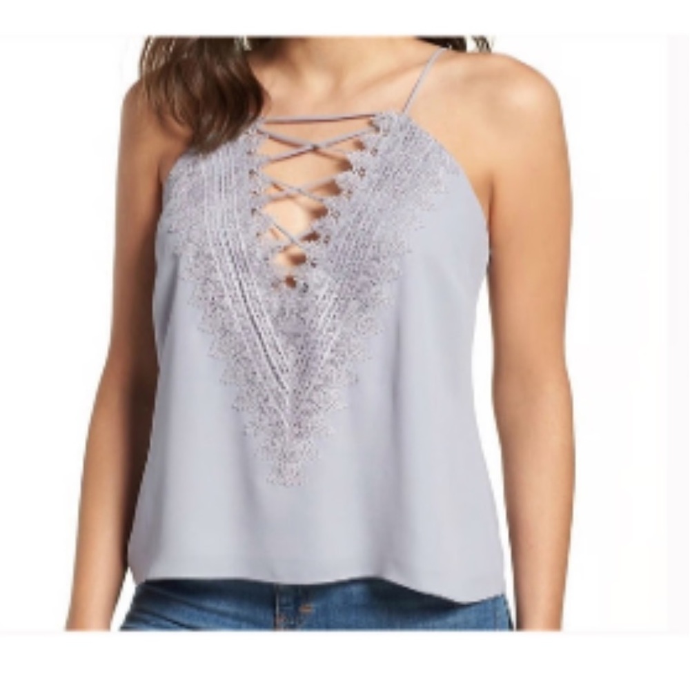 Gray Lace Up Blouse with Lace Detailing